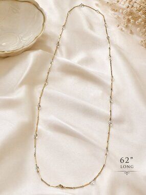 Vintage Gold Tone Station Necklace Crystal Beads Long 62” Chain Retro 90s Y2K